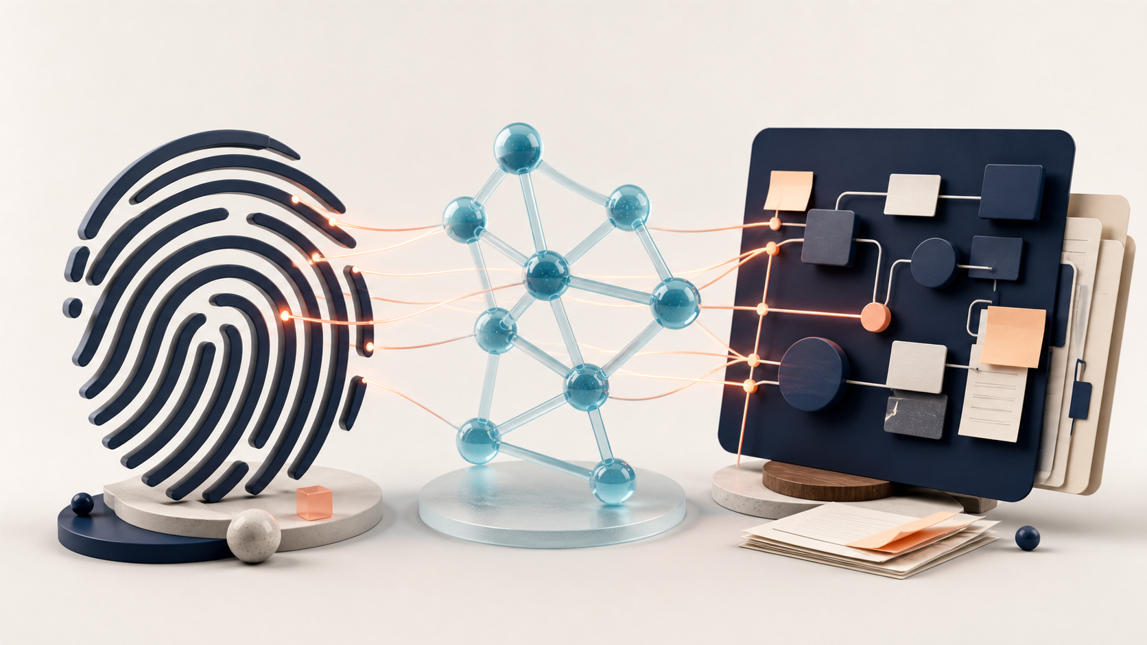 Illustration med fingeraftryk, netværk og flowdiagram – mennesker, teknologi og arbejdsprocesser
