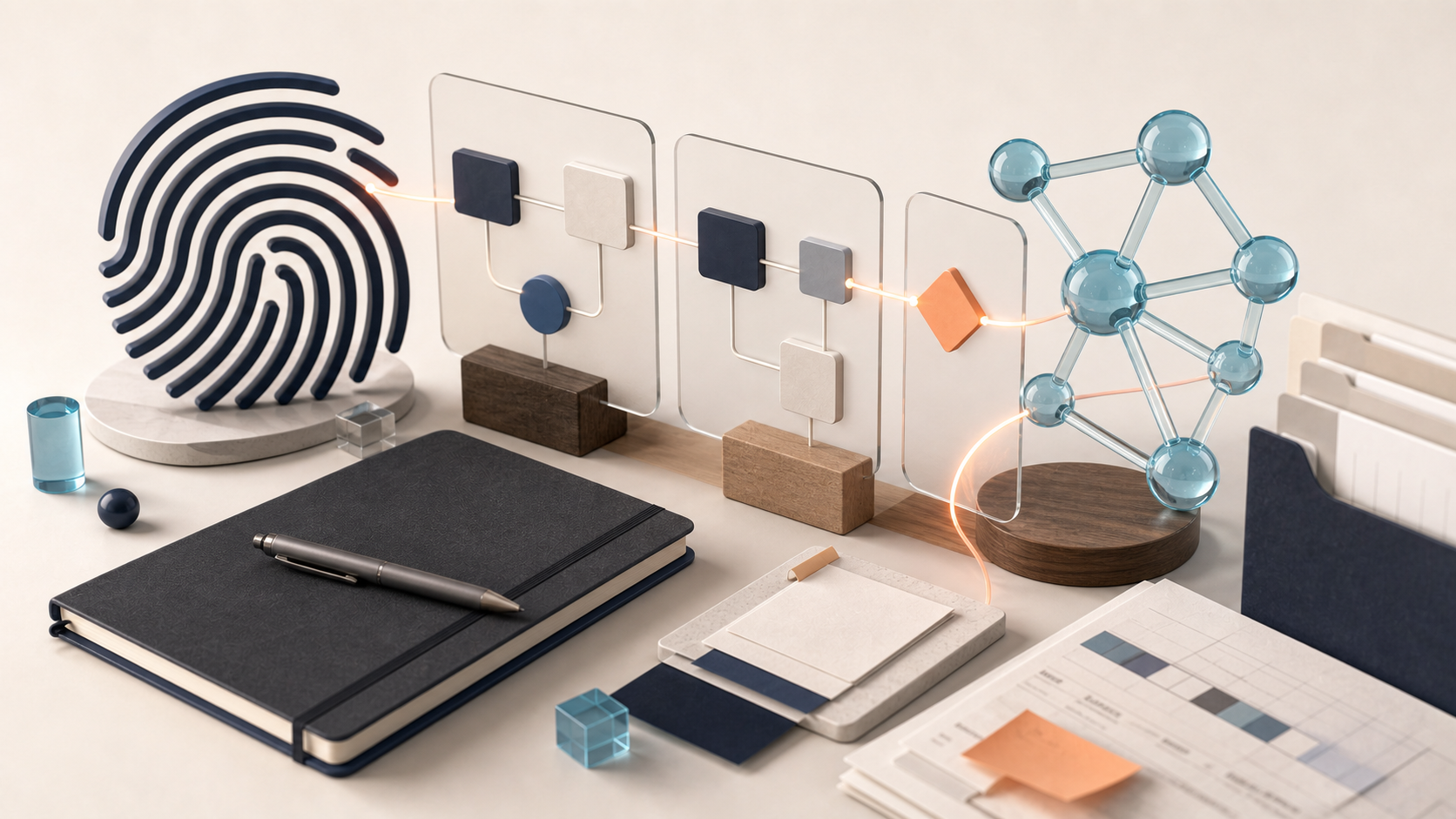 Illustration af et skrivebord med fingeraftryk, procesdiagrammer og et netværk